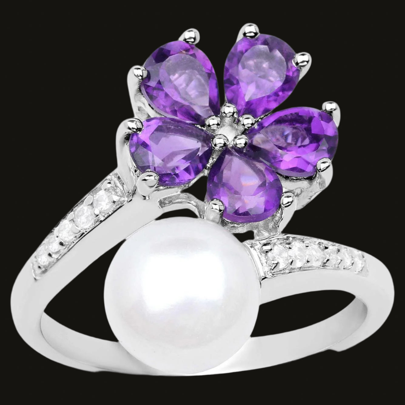 Amethyst and Pearl Bypass Flower Ring With White Zircons