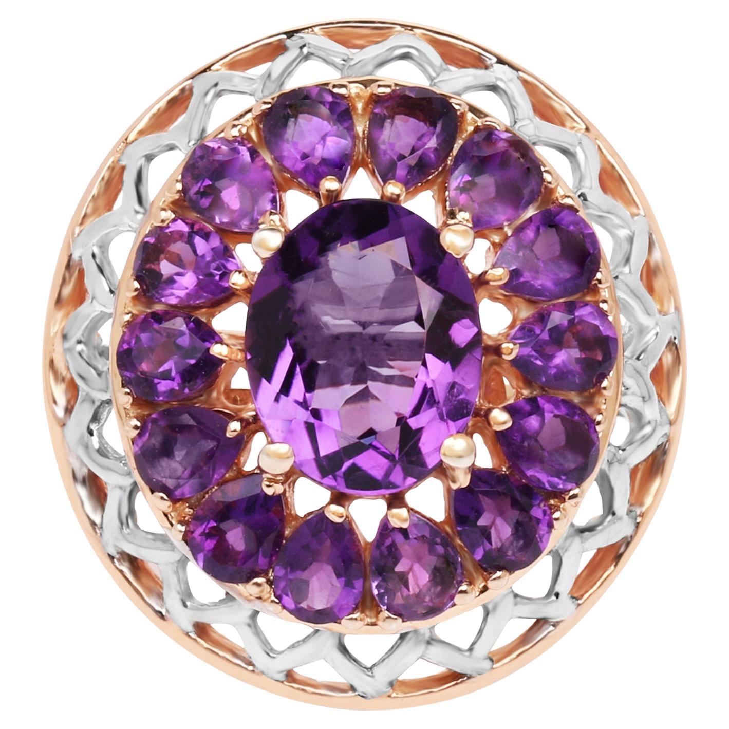 Amethyst Flower Cocktail Ring 4.29 Carats 14K Rose Gold Plated Silver