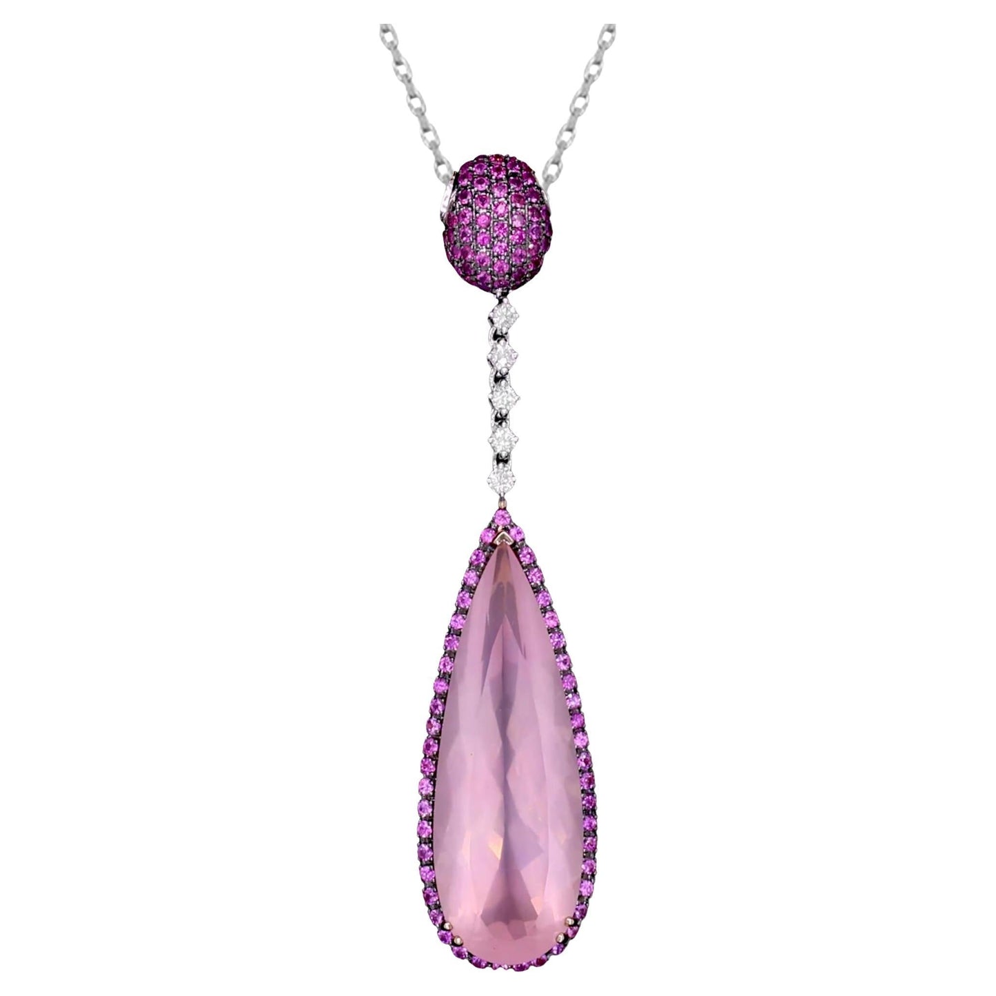 Rose Quartz Pendant Pink Sapphires and Diamonds 17 Carats 18K Gold