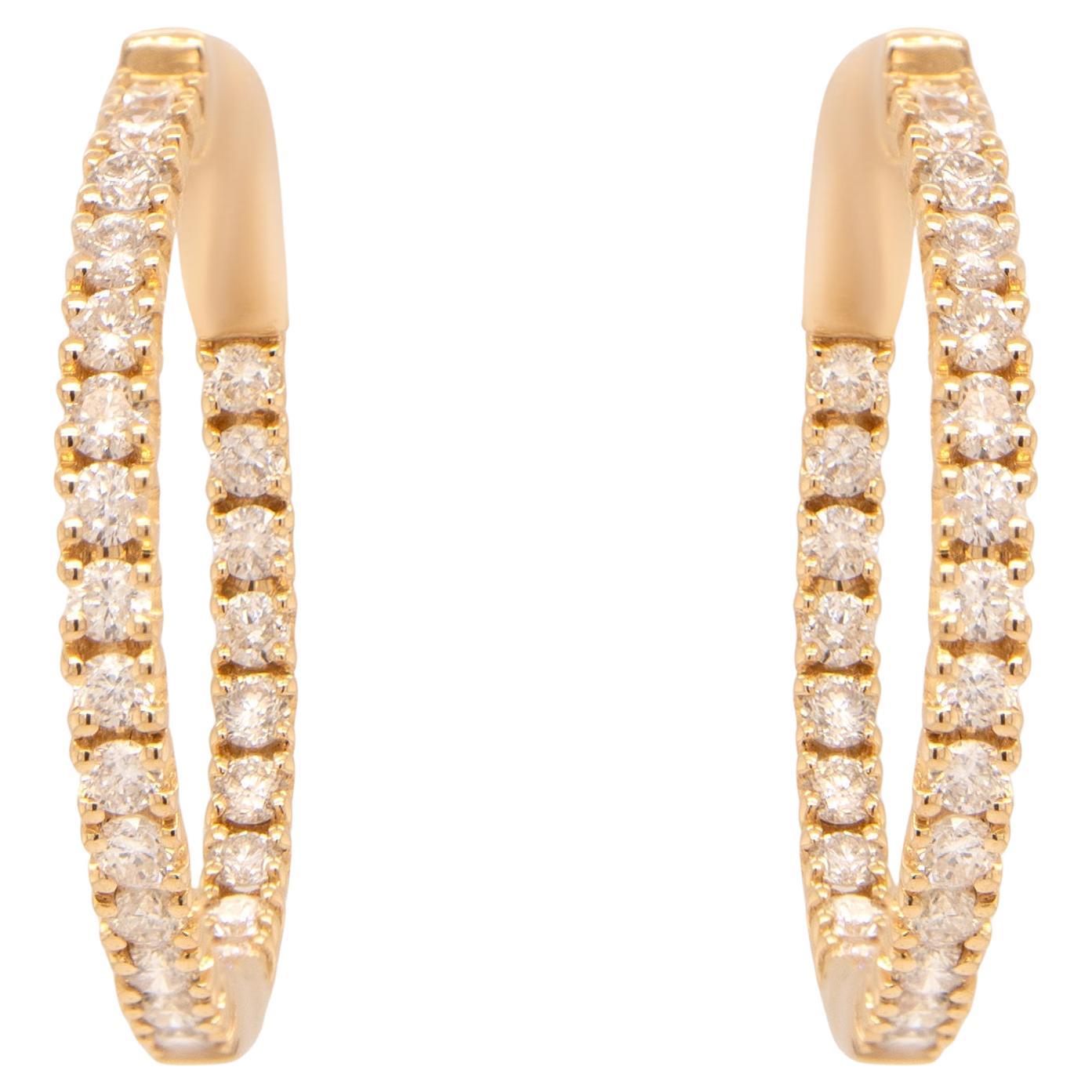 Diamond Hoop Earrings 1 Carat Total 14K Yellow Gold