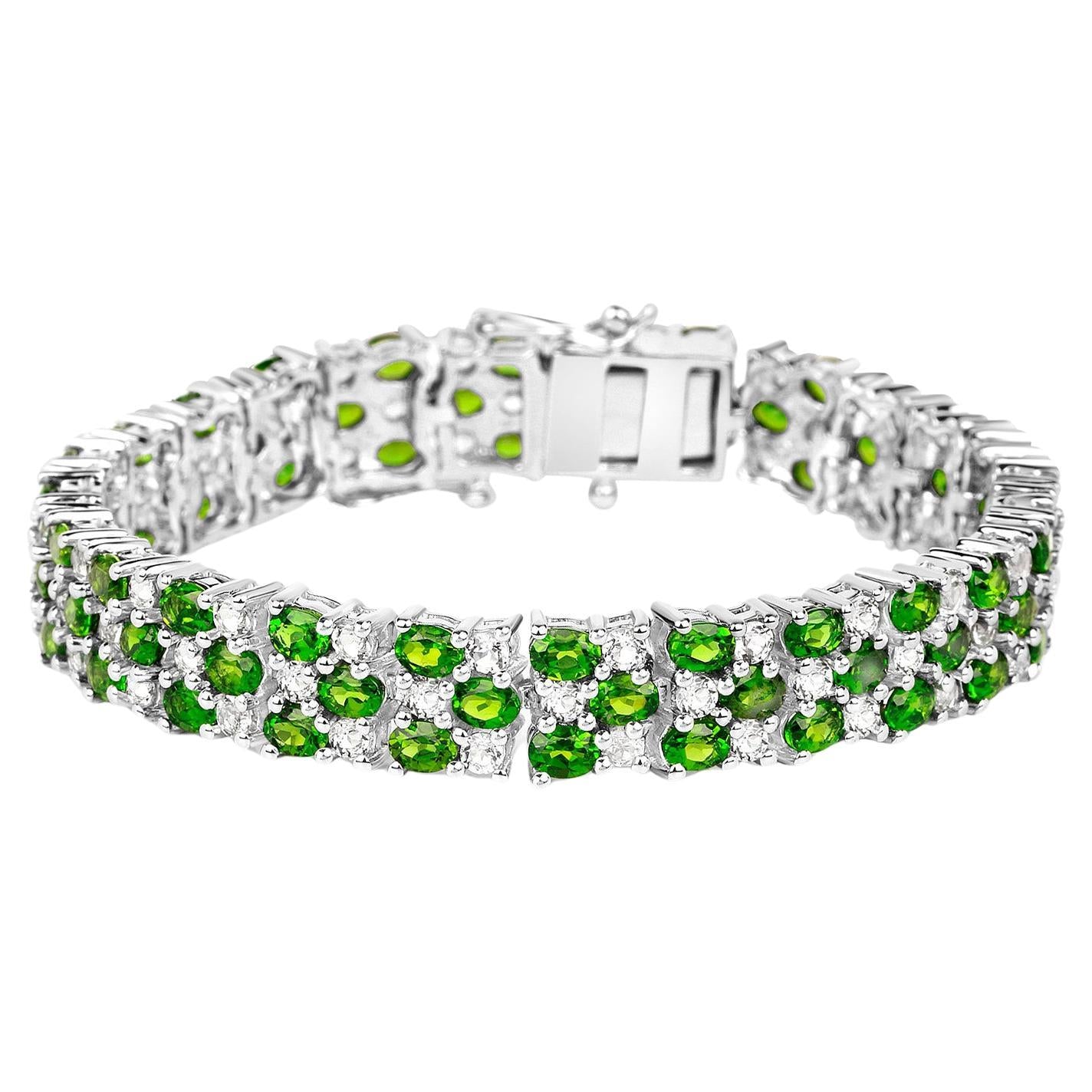 Chrome Diopside Tennis Bracelet With White Topazes 17 Carats Sterling Silver