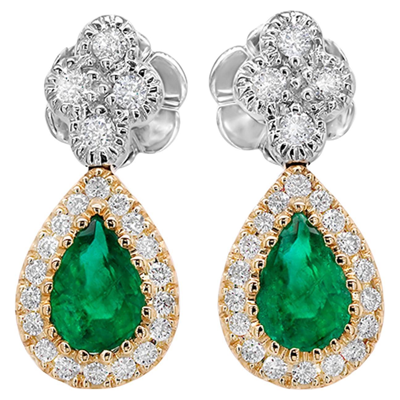 Emerald Dangle Earring With Diamonds 1.18 Carats 18K Gold