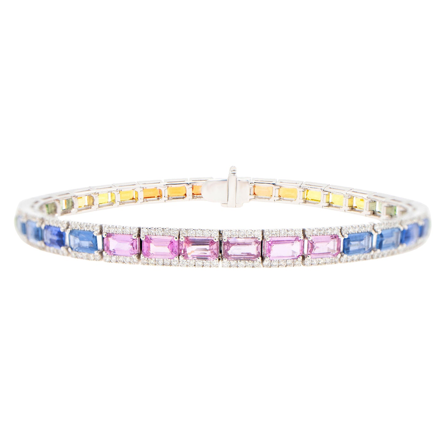 Baguette Cut Multicolor Sapphires Rainbow Bracelet With Diamonds 12.7 Carats 18K
