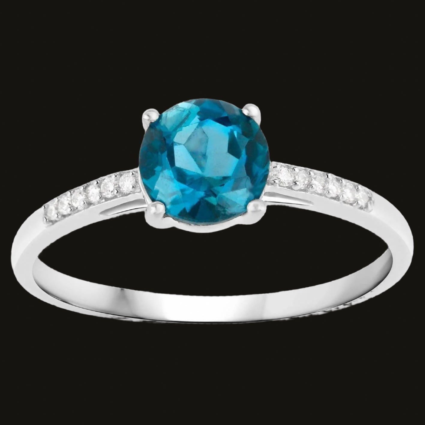London Blue Topaz Ring With Diamonds 1.05 Carats 14K White Gold