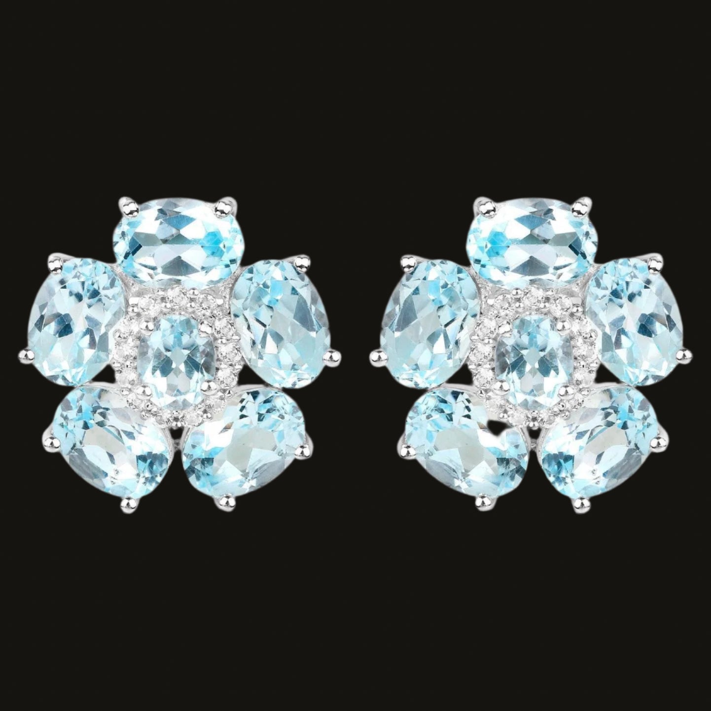 Blue Topaz Floral Earrings White Topaz 10.5 Carats 18K White Gold Plated Silver