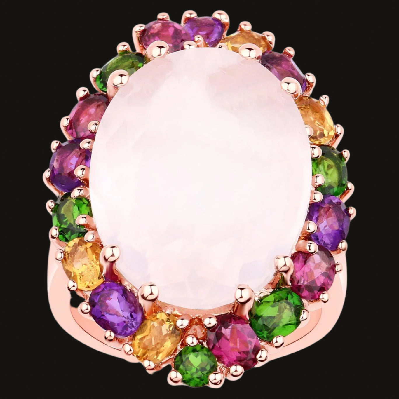 Natural Rose Quartz Cocktail Ring Multicolored Gemstones 14K Rose Gold Plated