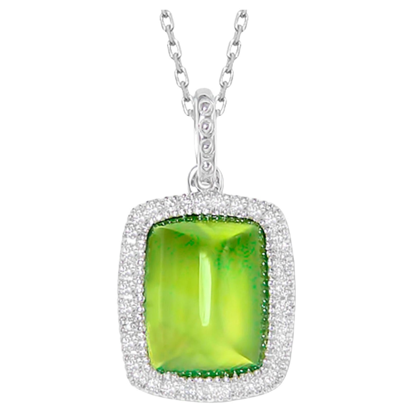 Prehnite Pendant Necklace With Diamonds 2.7 Carats 18K White Gold