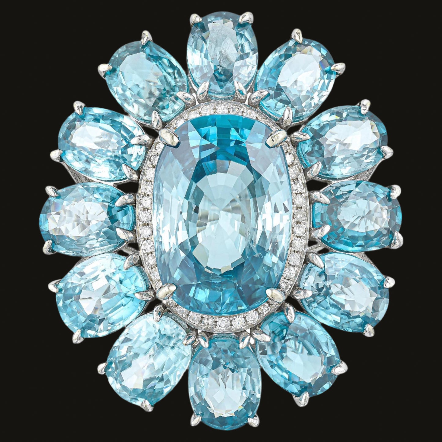 Important Rare Natural Ocean Blue Zircon Ring Diamond Halo 30 Carats 14K Gold