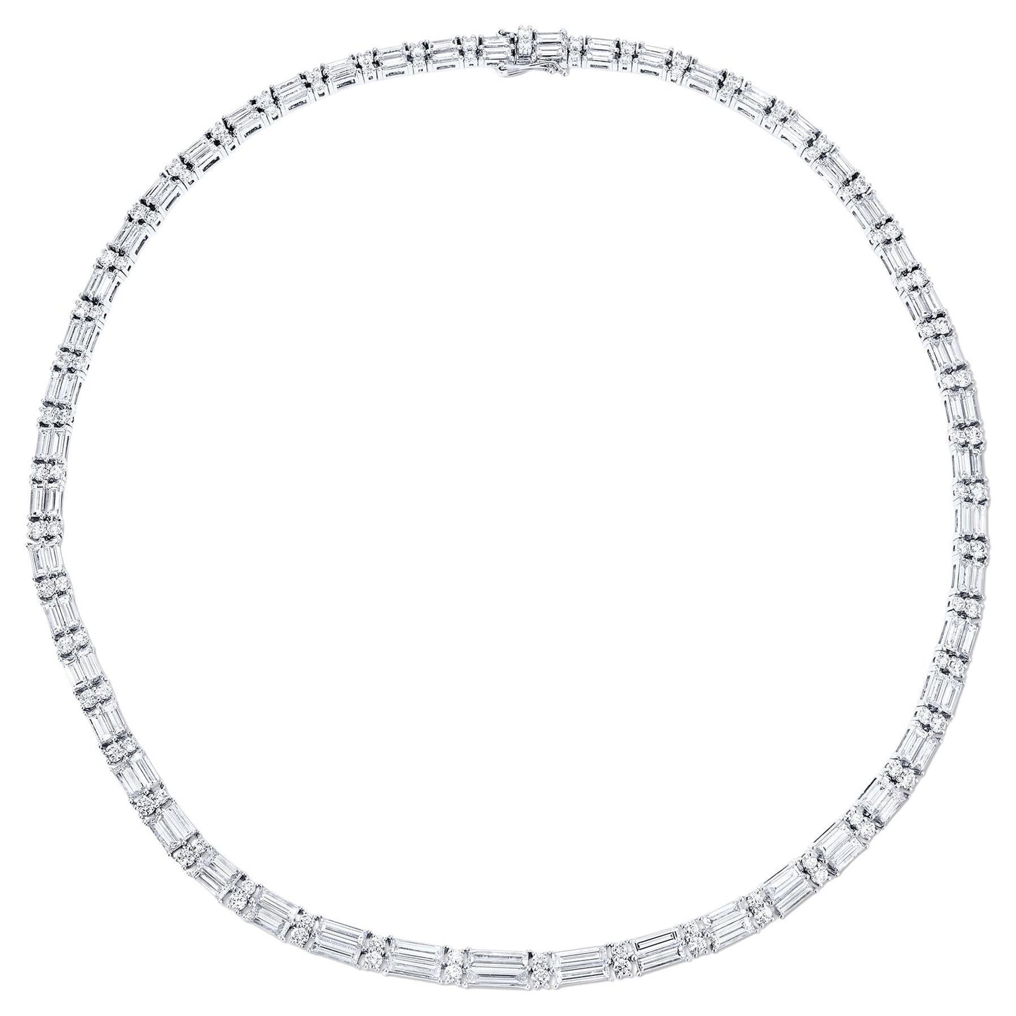 Stunning Baguette and Round Cut Diamond Tennis Necklace 18.22 Carats 18K Gold