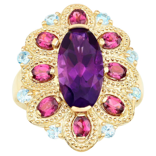 Amethyst Cocktail Ring Rhodolite Garnets and Blue Topazes 9.10 Carats