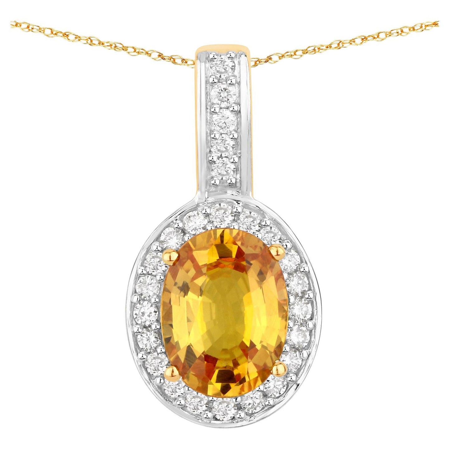 Natural Yellow Sapphire and Diamond Halo Pendant 1.80 Carats 14K Yellow Gold