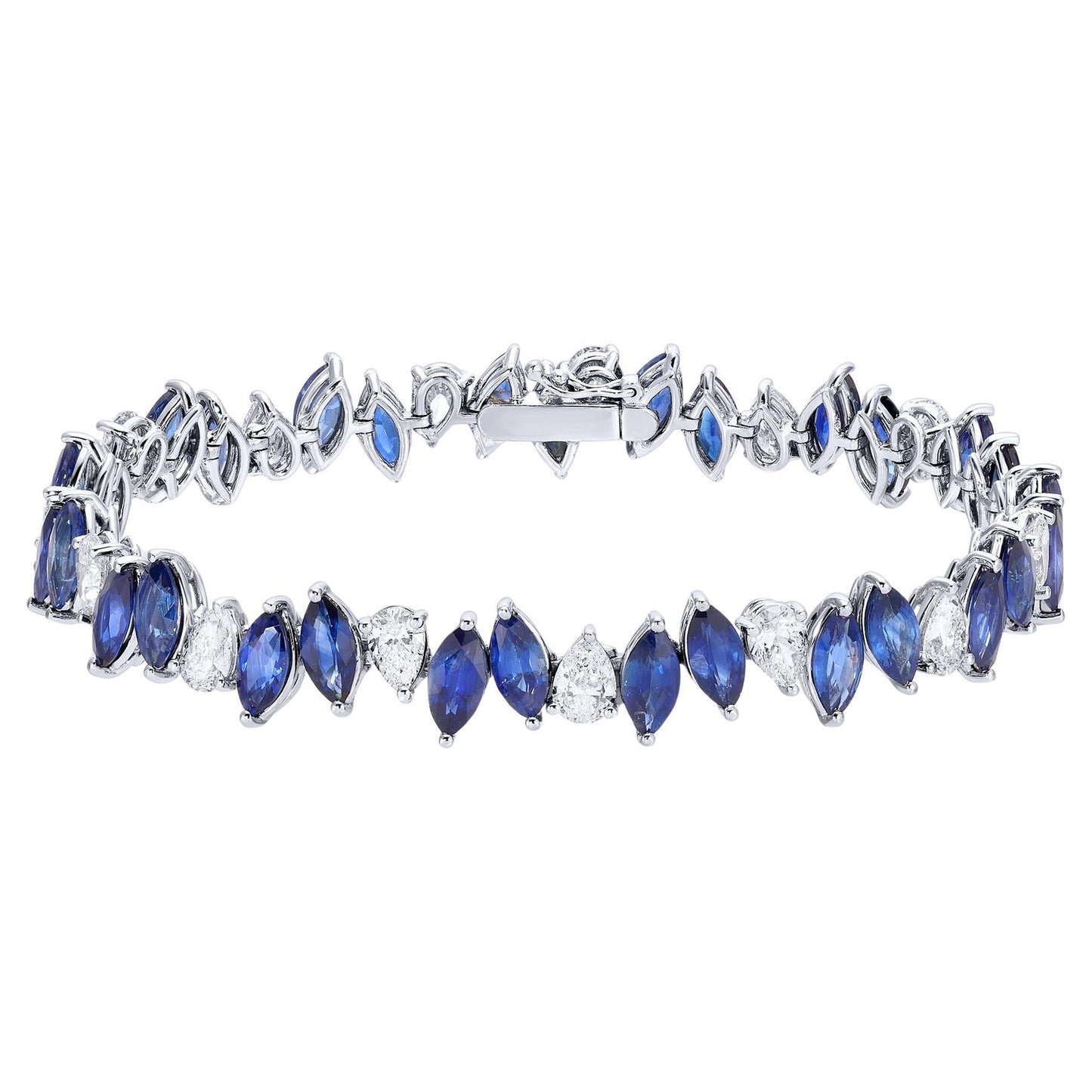Marquise Blue Sapphires and Pear Diamonds Tennis Bracelet 17.5 Carats 18K Gold