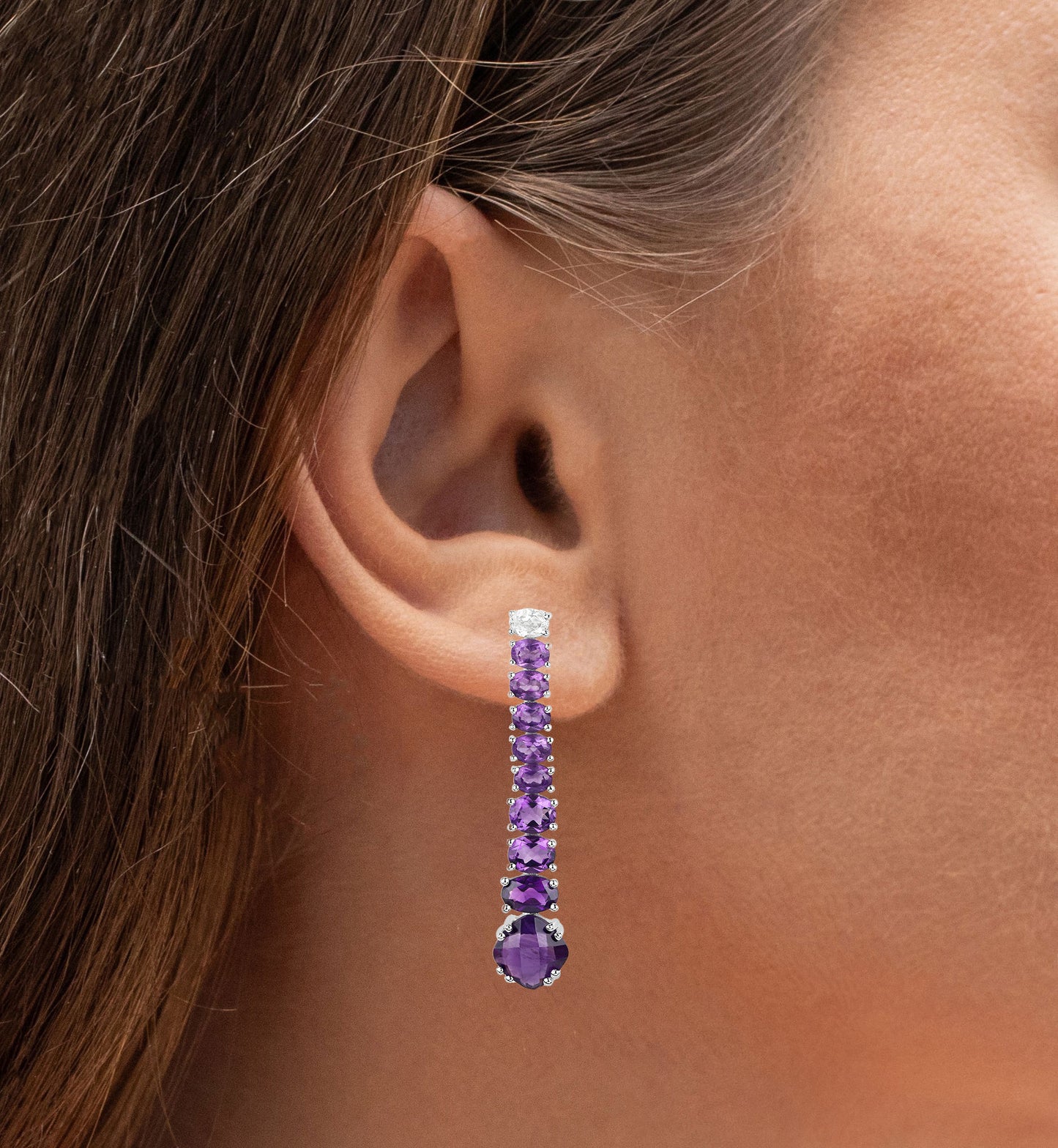 Natural Amethyst Dangle Earrings White Topaz Top 7.5 Carats