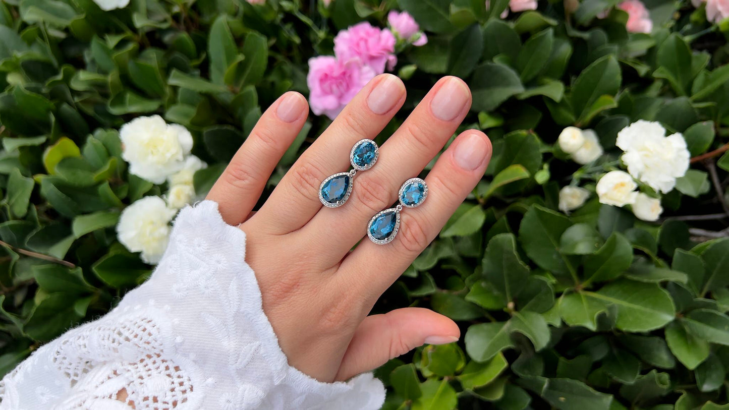 London Blue Topaz Earrings Diamond Setting 11.45 Carats Total
