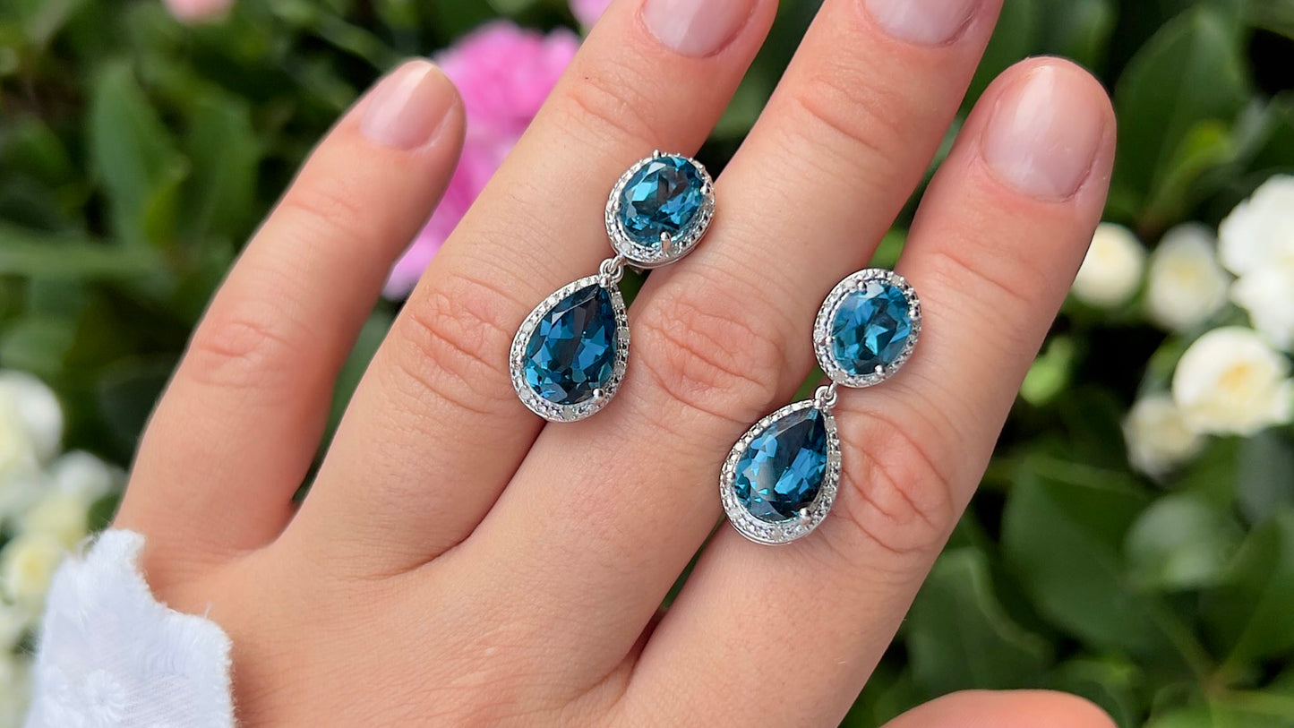 London Blue Topaz Earrings Diamond Setting 11.45 Carats Total