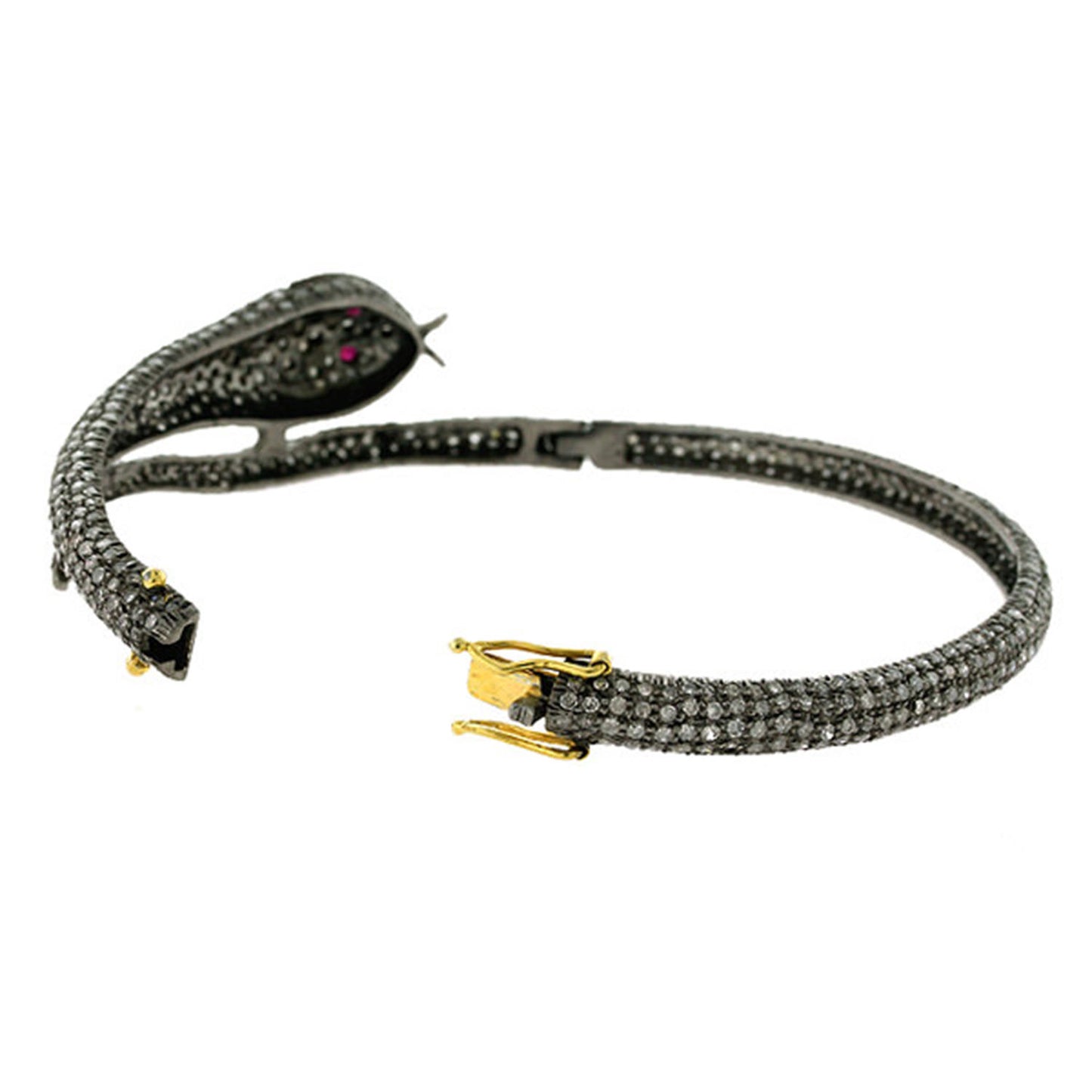 Black Diamond Pave Snake Bracelet Ruby Eyes 6.36 Carats