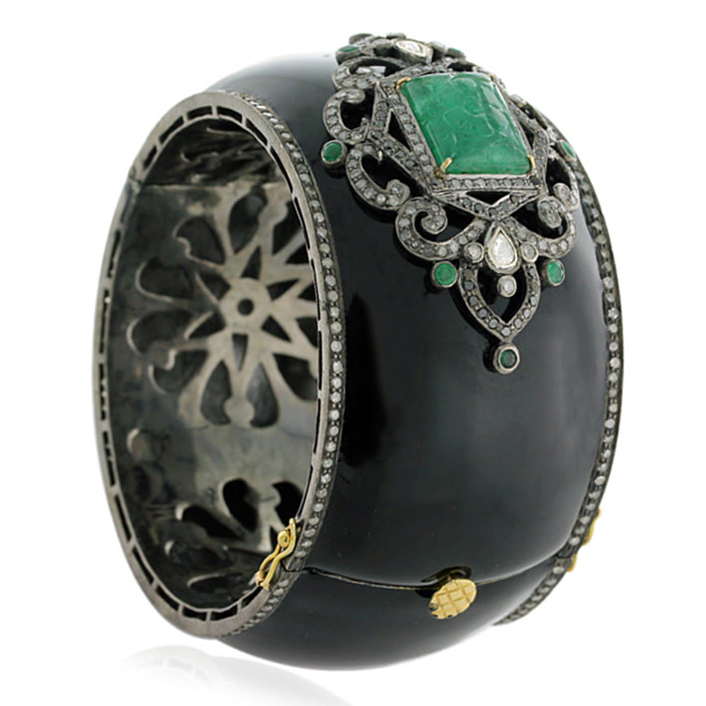 Antique Carved Emerald Bangle Bracelet With Diamonds 14.7 Carats