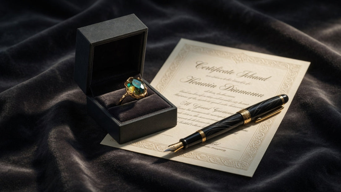 Open jewelry box with a natural gemstone ring beside a folded appraisal document and fountain pen on dark velvet