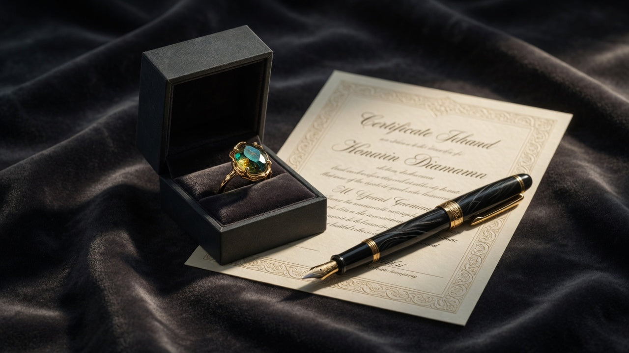 Open jewelry box with a natural gemstone ring beside a folded appraisal document and fountain pen on dark velvet