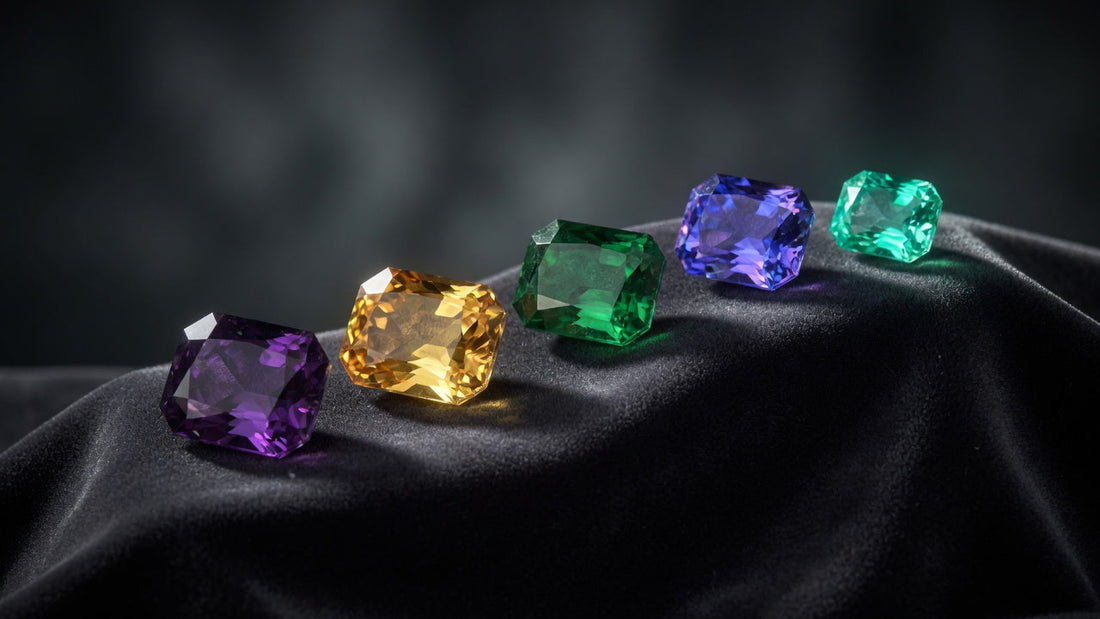 Five natural gemstones arranged from abundant to rare: amethyst, citrine, emerald, tanzanite, and paraiba tourmaline on dark velvet