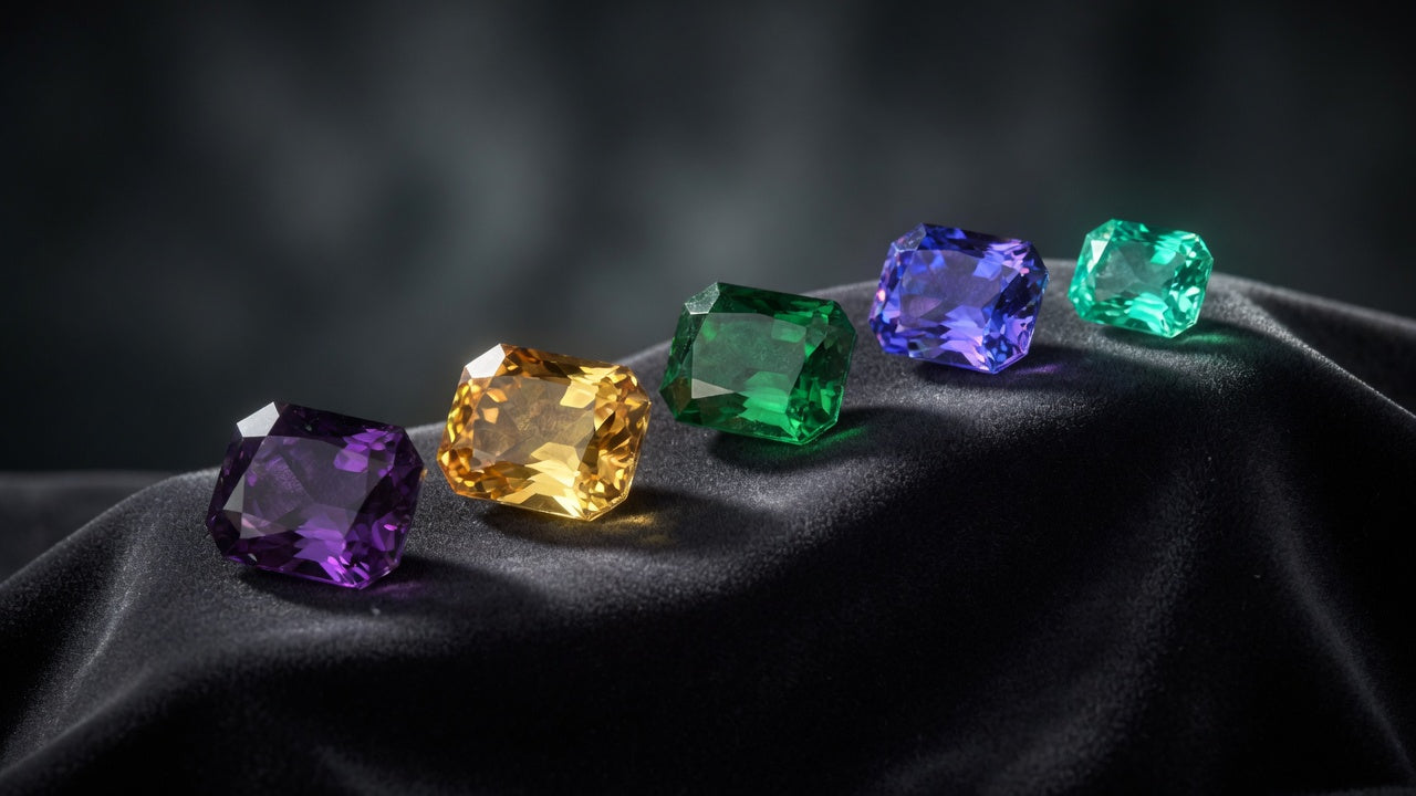 Five natural gemstones arranged from abundant to rare: amethyst, citrine, emerald, tanzanite, and paraiba tourmaline on dark velvet