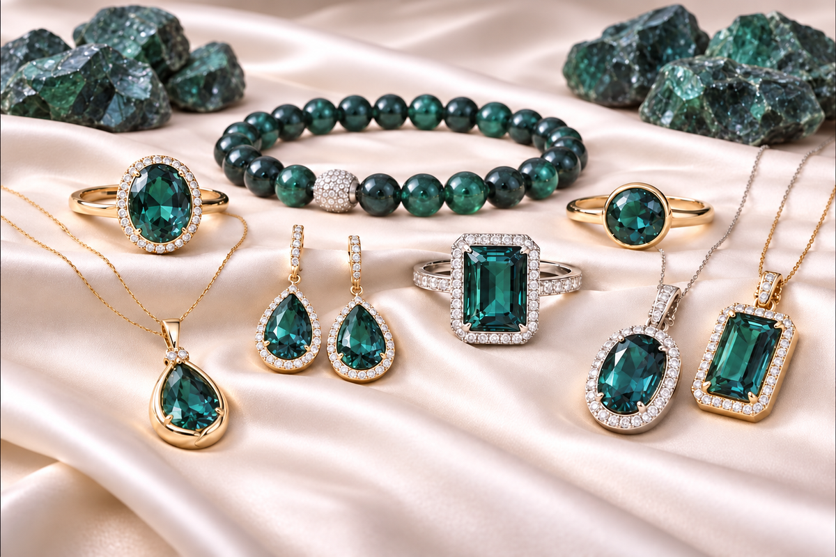 Alexandrite jewelry collection under daylight-style studio lighting