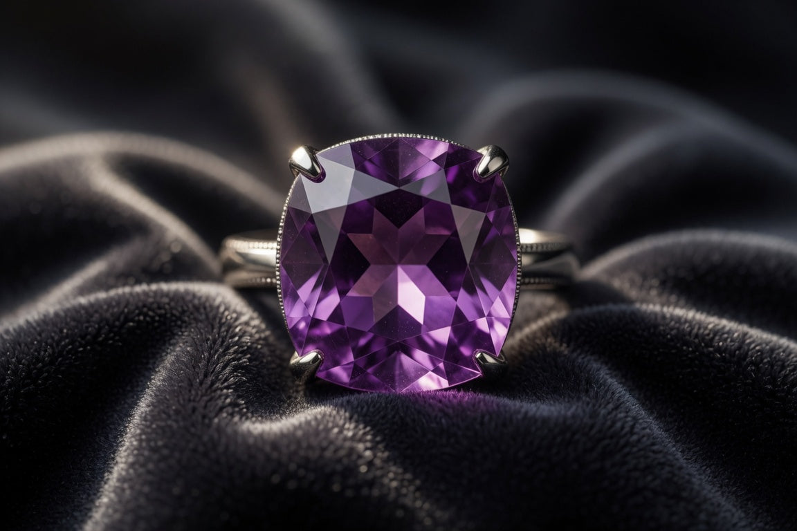 Deep purple natural amethyst ring in silver on dark charcoal velvet