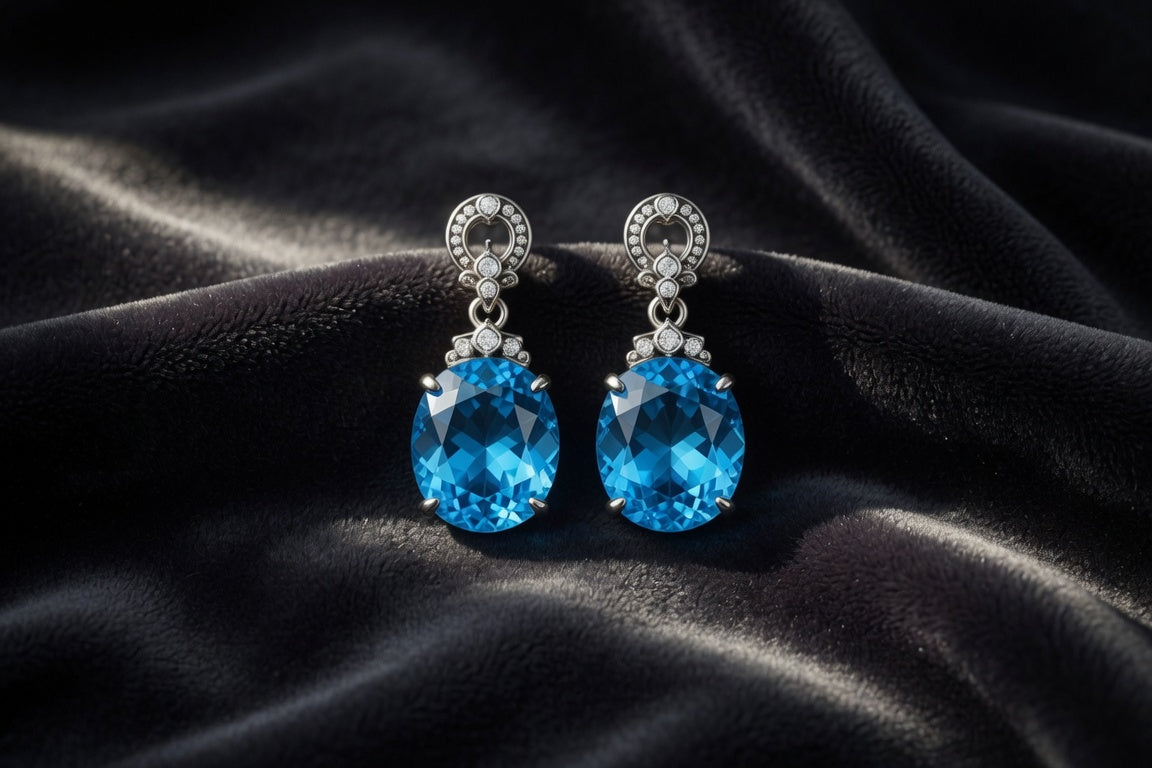 Bright blue topaz dangle earrings in sterling silver on dark velvet