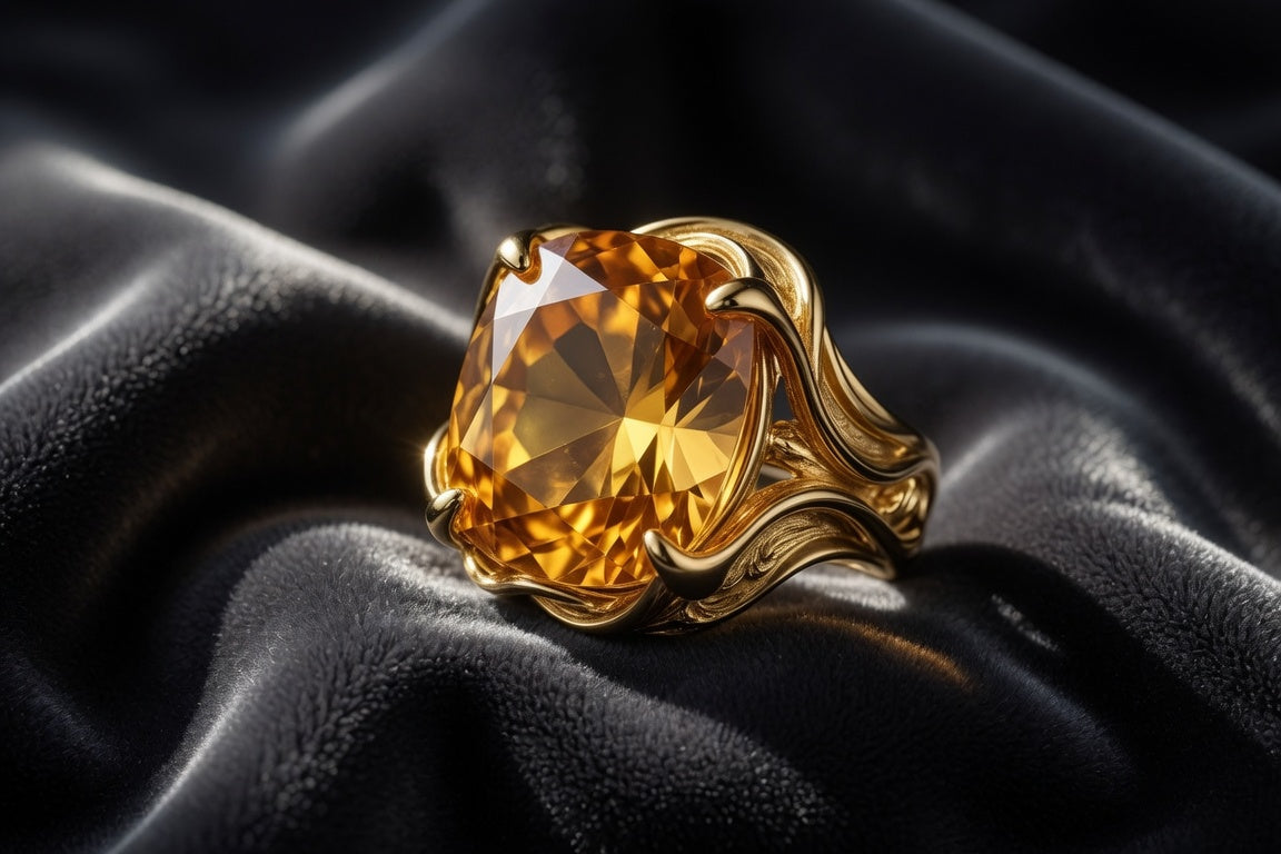 Bold cocktail ring with a large golden citrine center stone on dark velvet