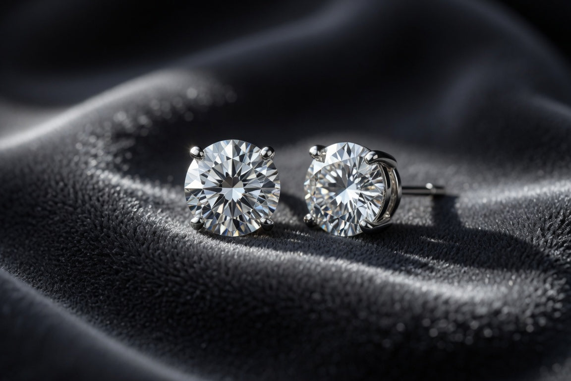 Pair of round natural diamond stud earrings in white gold on dark velvet
