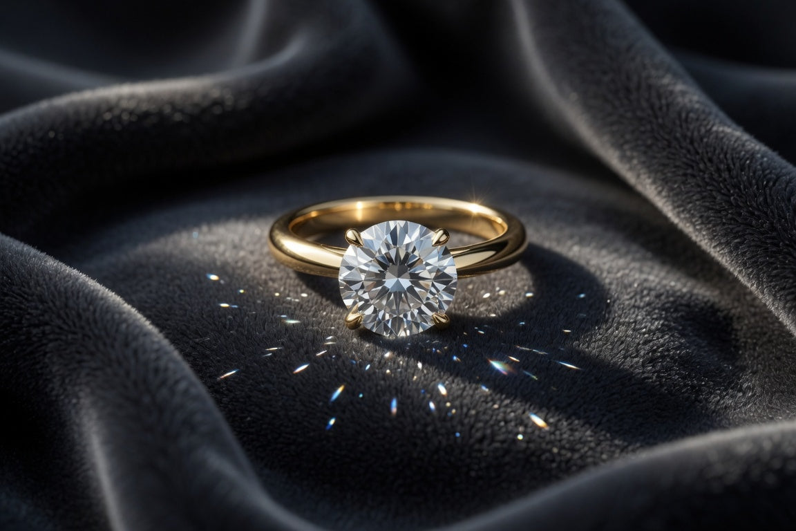 Natural white diamond ring in yellow gold sparkling on dark charcoal velvet