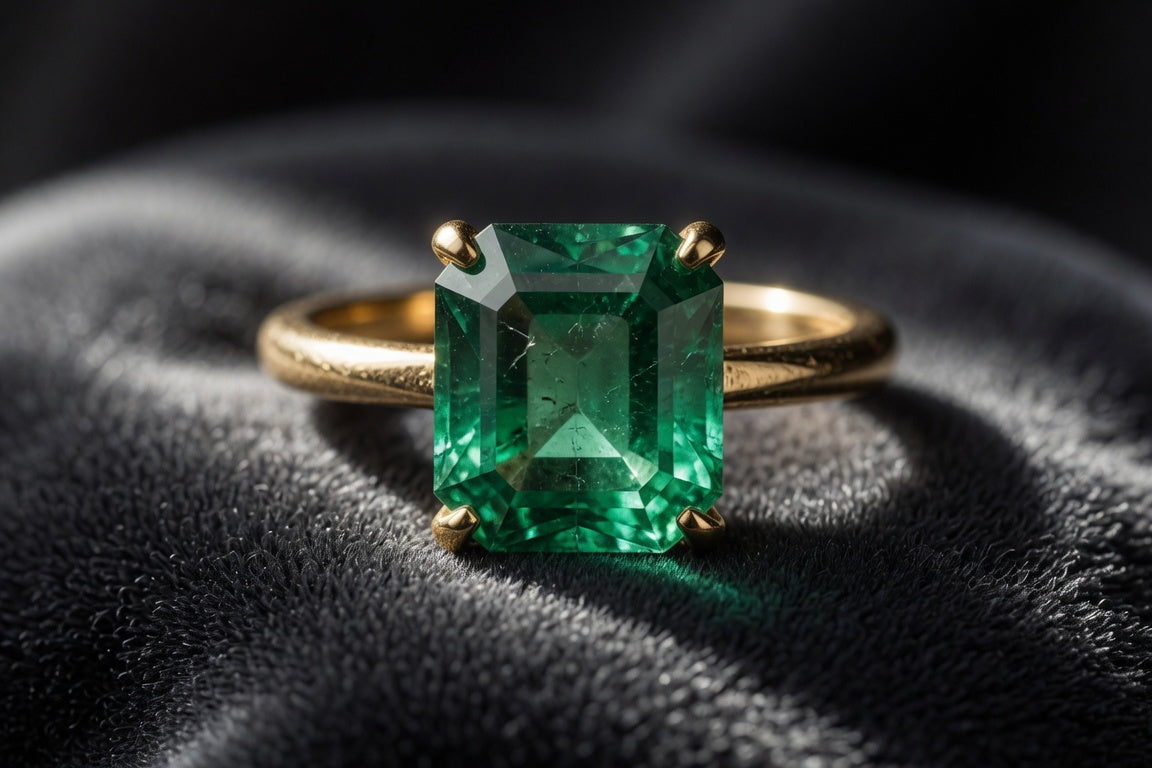Vivid green natural emerald ring in yellow gold on dark charcoal velvet