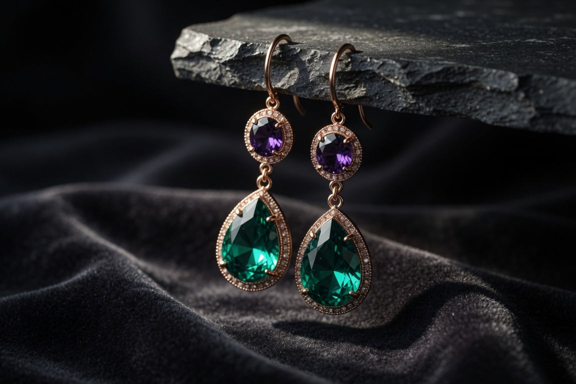 Colored gemstone dangle earrings hanging over dark charcoal velvet