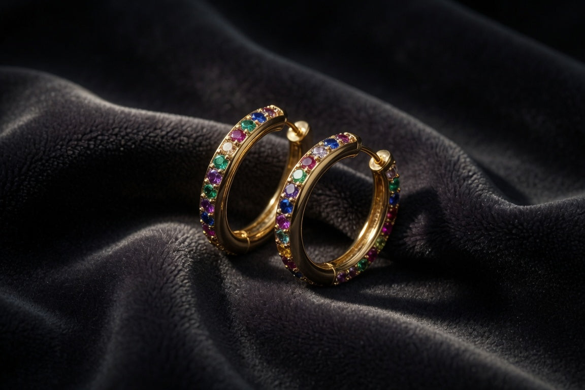Gold hoop earrings lined with small colored gemstones on dark velvet