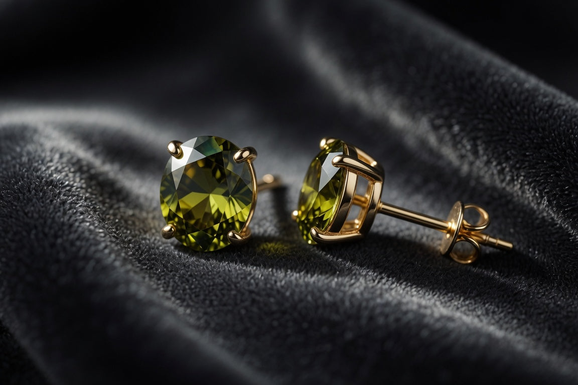 Pair of natural gemstone stud earrings in yellow gold on dark charcoal velvet