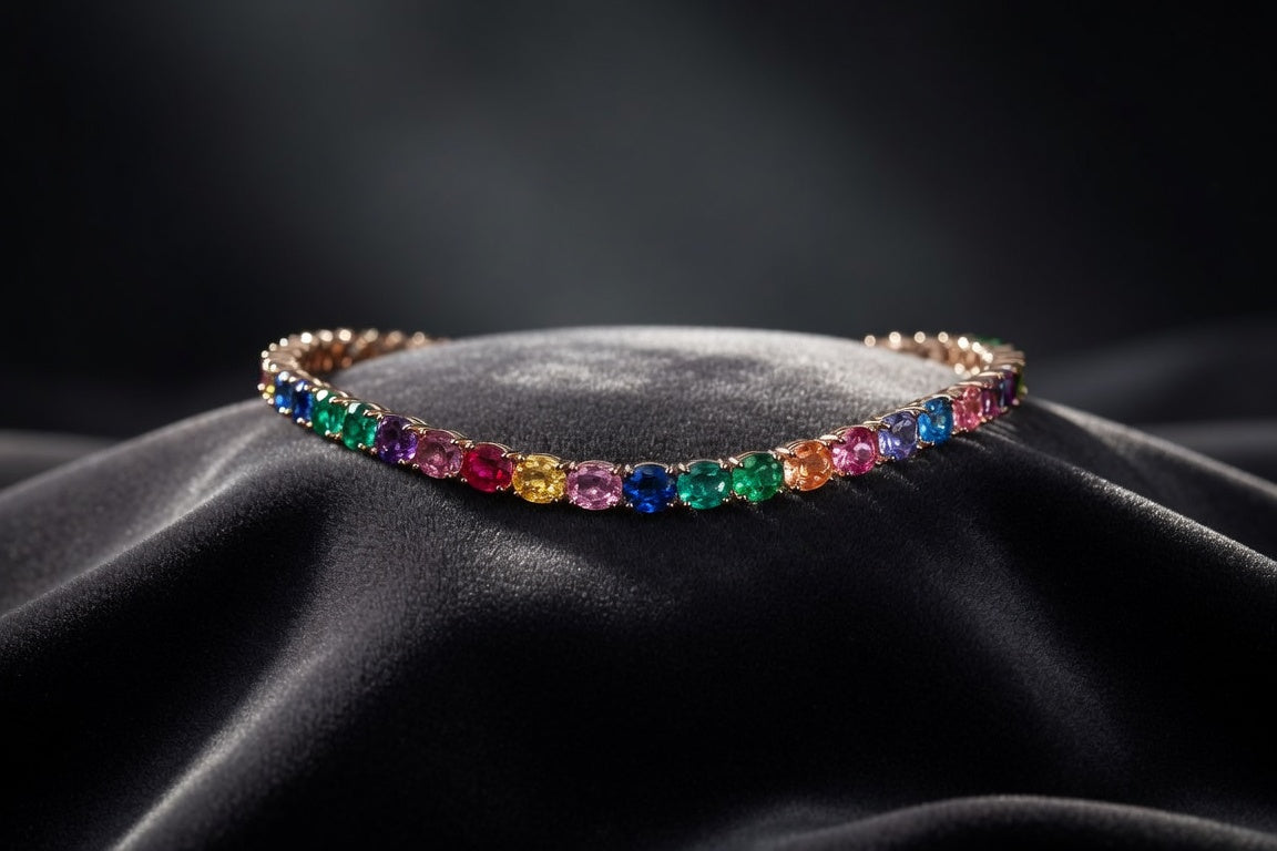 Natural gemstone tennis bracelet with an unbroken line of mixed colored stones on dark charcoal velvet