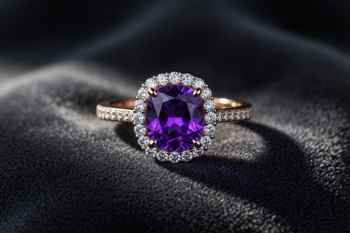 Ring with a colored center stone framed by a halo of small diamonds on dark velvet