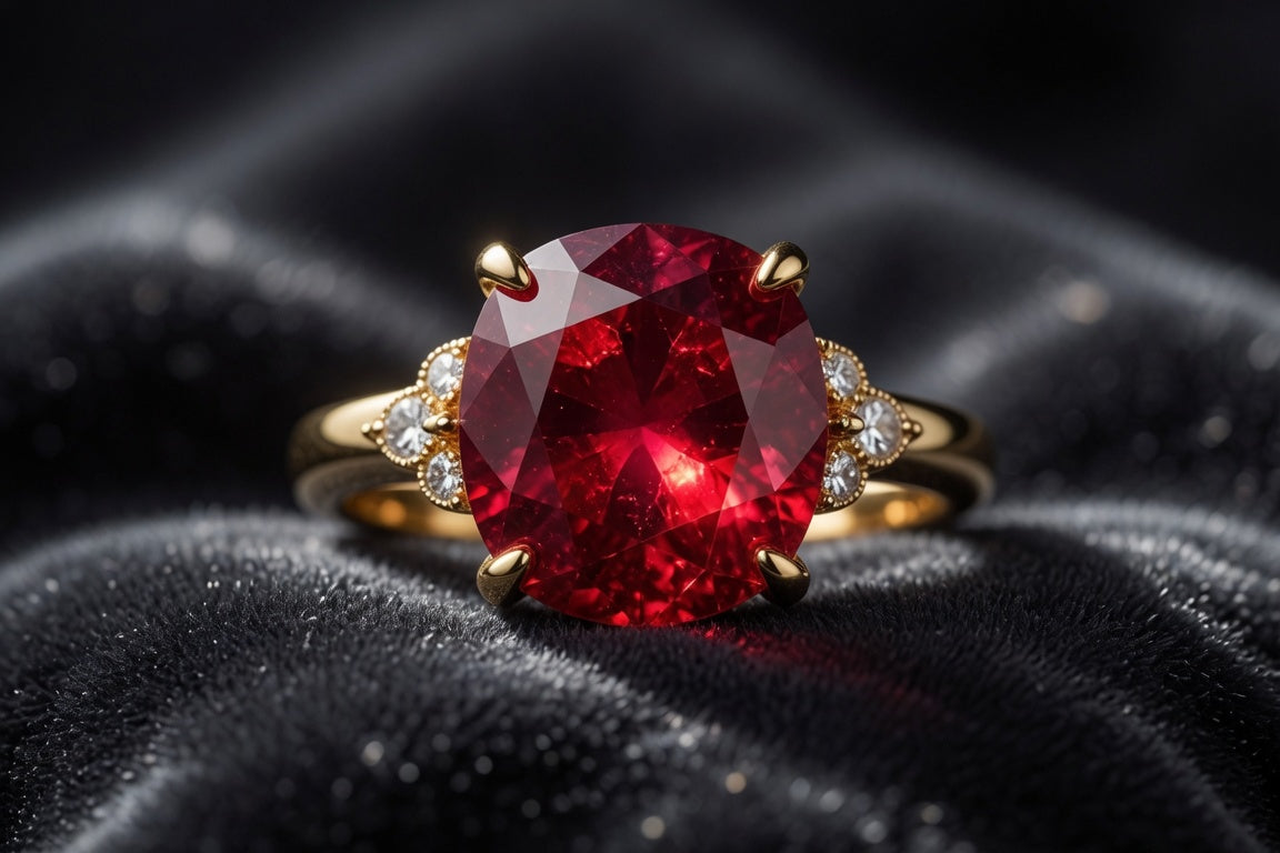 Rich red natural ruby ring in yellow gold with diamond accents on dark velvet