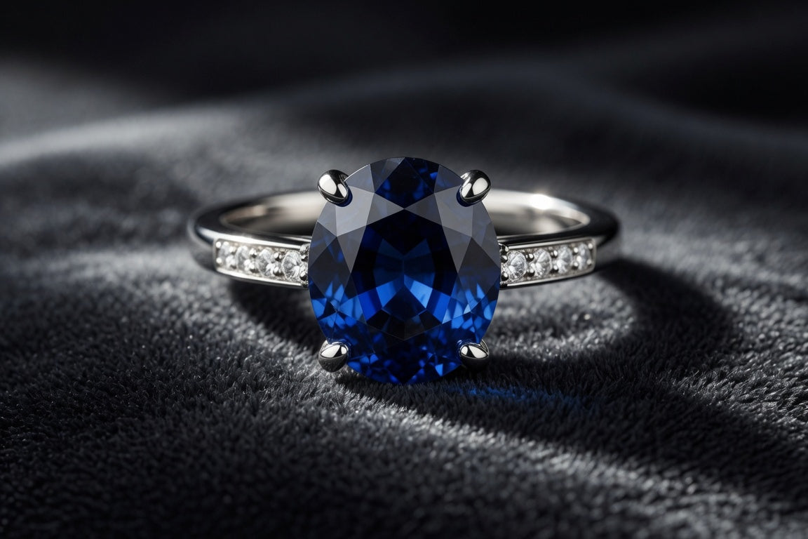 Deep blue natural sapphire ring in white gold with diamond accents on dark velvet