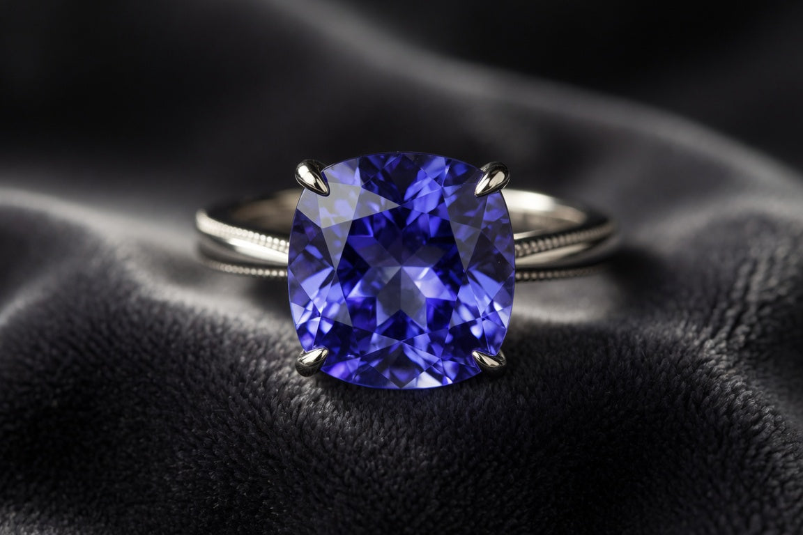 Violet blue natural tanzanite ring in white gold on dark charcoal velvet