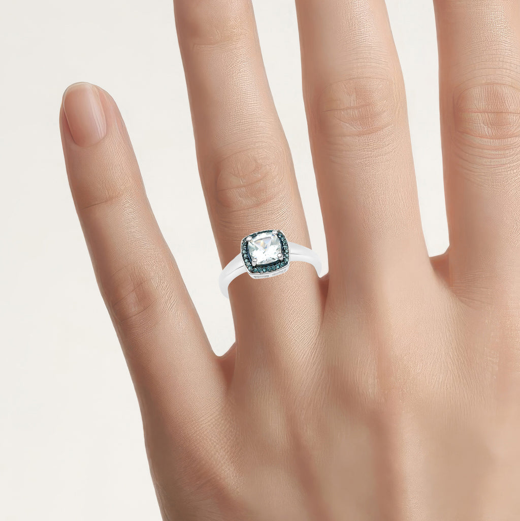 Aquamarine Ring With Blue Diamonds 0.8 Carats Sterling Silver