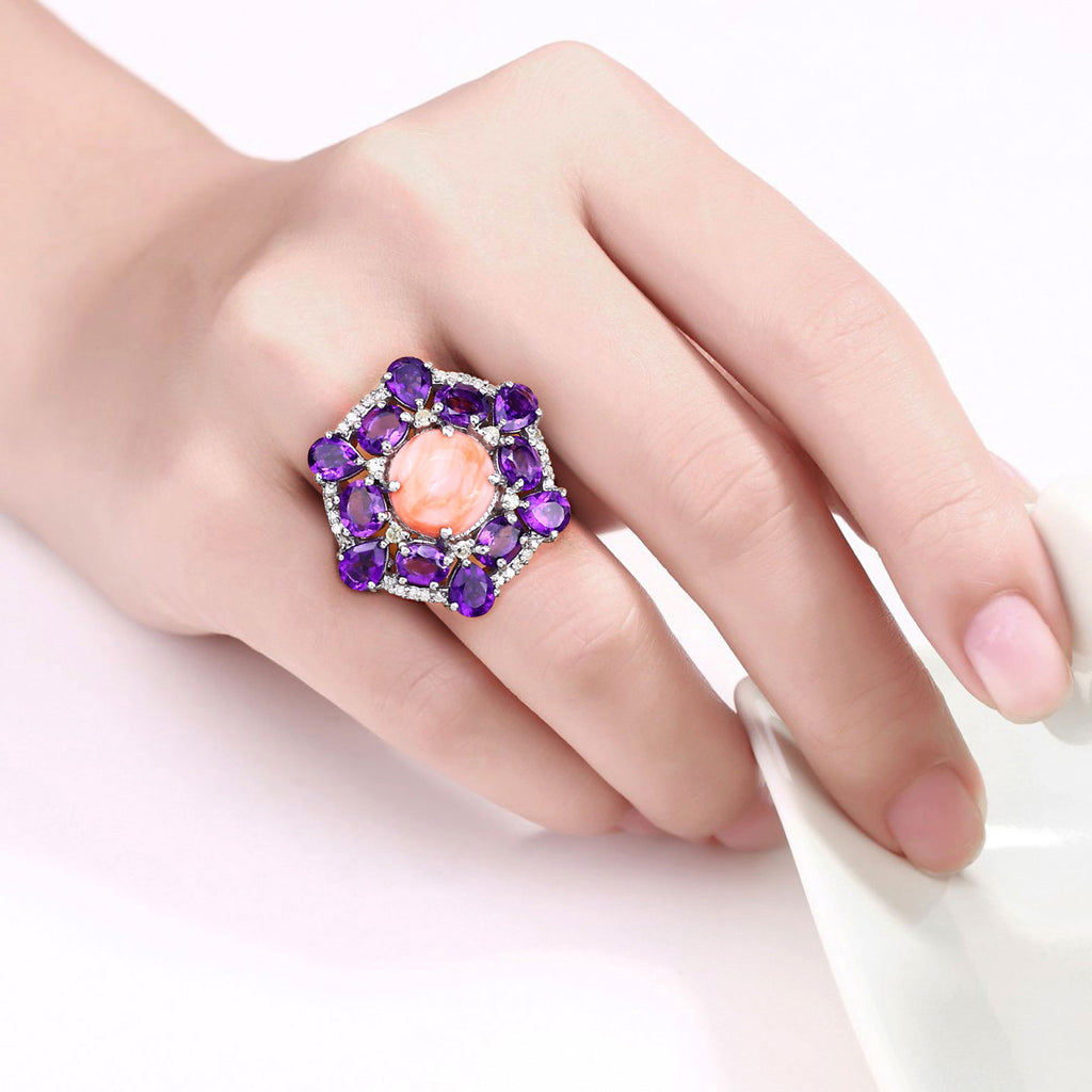 Pink Coral Ring With Amethyst 6.08 Carats Sterling Silver