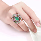 Emerald Ring With Multicolor Tourmaline 7.08 Carats Sterling Silver