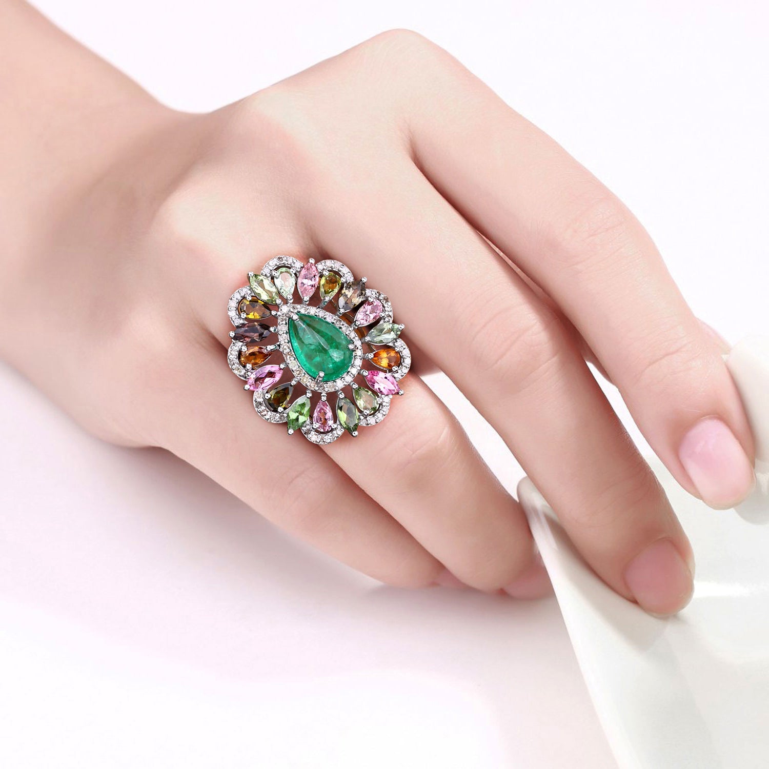 Emerald Ring With Multicolor Tourmaline 7.08 Carats Sterling Silver