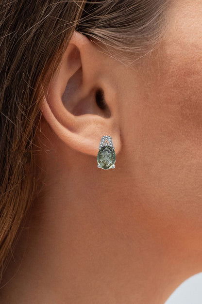 Green Amethyst Earrings With Diamonds 5.42 Carats Sterling Silver