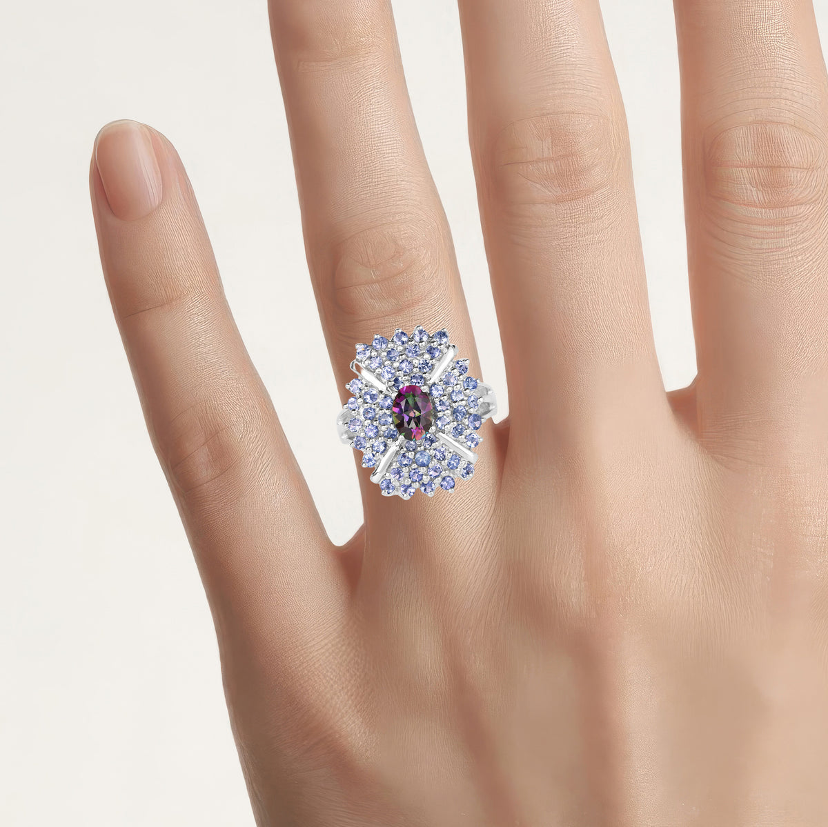 Mystic Quartz Flower Ring With Tanzanite 2.82 Carats Sterling Silver