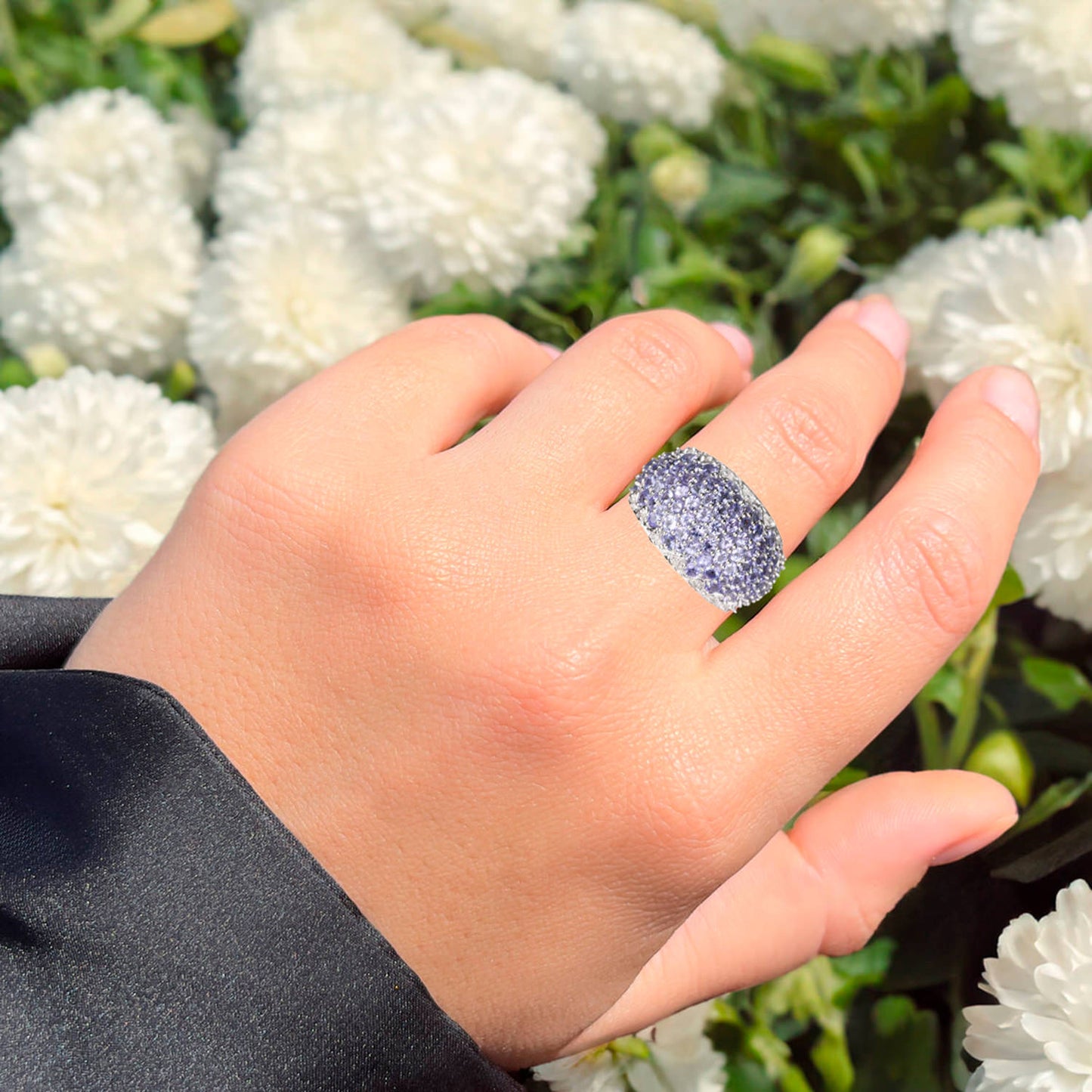 Natural Tanzanite Cluster Ring With Diamonds 3.01 Carats Sterling Silver