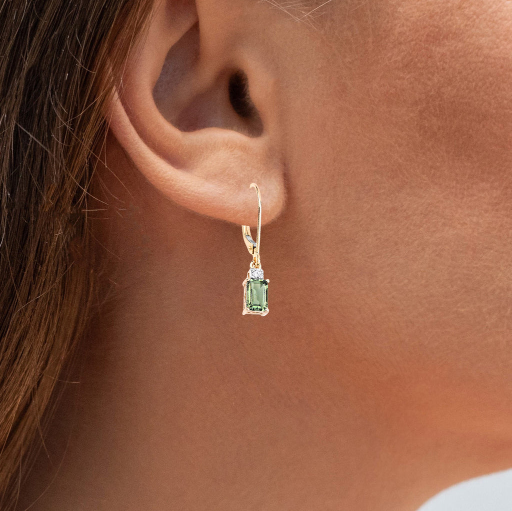 Green Tourmaline Earrings With Diamonds 1.24 Carats 14K Yellow Gold