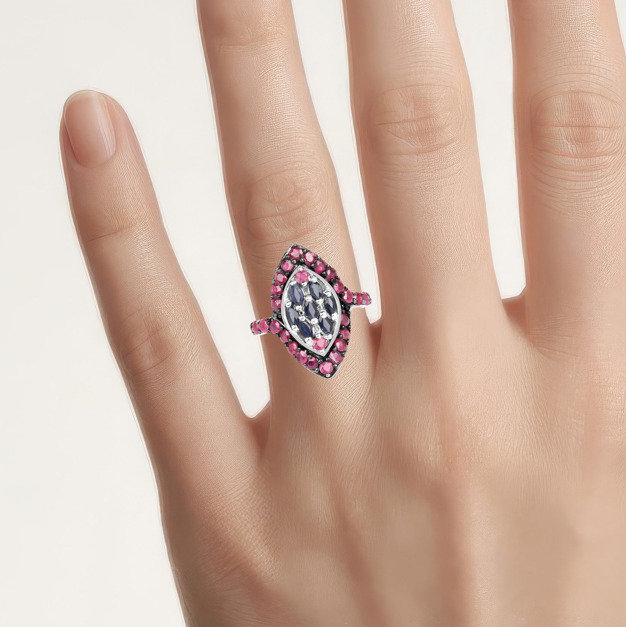 Blue Sapphire Ring With Ruby 1.74 Carats Sterling Silver