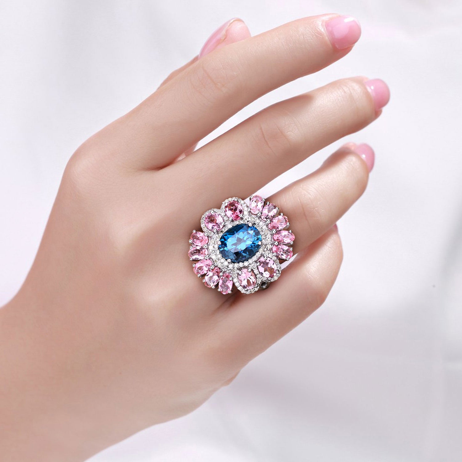 London Blue Topaz Ring With Pink Tourmaline 7.38 Carats Sterling Silver